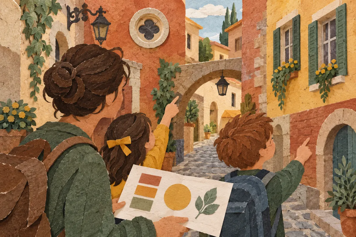 Ilustracja rodziny szukającej kolorów, kształtów i detali budynków ze wspólną kartą zadań.